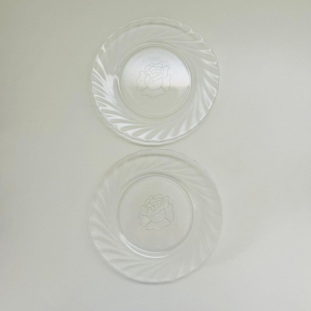 ARCOROC France Clear Glass Rose Design Swirling Rim Salad Plate, Set of 2